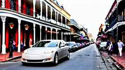 A Tesla's 'Model S Plaid' is racing at top speed, across the 'French Quarter' in New Orleans, Louisiana. CINEMATIC. WIDE ANGLE LENS.