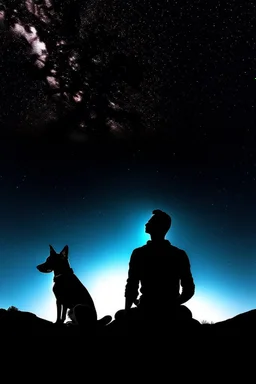 black background on a mountaintop and three sitting silhouettes of a fit man, a silhouette of a fit woman, and a silhouette of a Belgian malinois sitting the woman looking at the stars