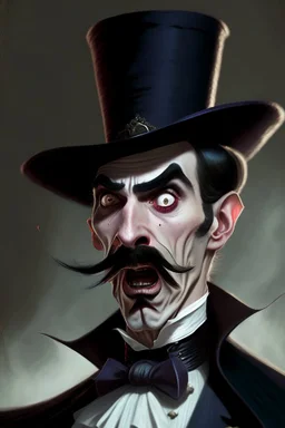 Strahd von Zarovich with a handlebar mustache wearing a top hat with a shocked expression
