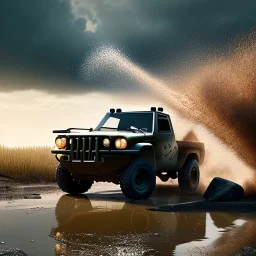 stylized hyperrealistic shot, muddy aggressive military toy truck, monotone color palette, sharp focus, puddle reflection, tire water splash, refraction, mist on the horizon, sunset, rocks background, detailed and intricate, cinematic composition, micro, tilt shift photography, unreal engine 5, octane render, 8k