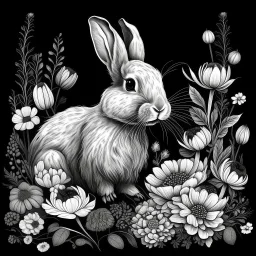 colorless rabbit between seeds and big flowers black background .black and white colors. for a coloring. with grayscale