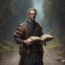 fantasy dnd scholar 40 year old male holding books wearing eye glasses thin body anoresix dirty from travelling the road