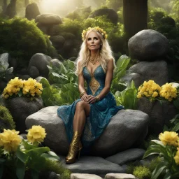 [high res photo centered on gigantic growing plants by Neil Gaiman] Kristin Chenoweth as ostara in American gods (2017) the goddess of Easter peacefully sits on a stone in her garden, The plants are too close to her, they wrap themselves around her legs, pushing them apart. Ostraca enjoys it, surrounded by gold flowers coming from Nicolas de Staël's dreams