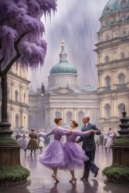 The time is 1943. The old Moscow courtyard of the early 20th century in the style of the Stalinist world, with a lilac branch in the foreground, it is raining lightly and raindrops are flowing down a lush lilac branch. In the back there is a middle-aged Couple dancing a classical dance together against the backdrop of the Moscow Bolshoi Theater. The image is of extra quality and sharpness
