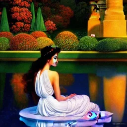 hyperdetailed oil on canvas, young Georgina Chapman by a temple fountain, beautiful, detailed face, long dark hair, surrounded by luminous colorful sparkles, airbrush, depth of field, Octane Render, by Gaspar Camps, Maxfield Parrish, Alphonse Mucha, Cyril Rolando, volumetric lighting, dusk, 16k