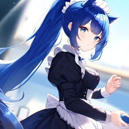 Clear Focus, High resolution, wearing a maid uniform, fluffy hair and a long ponytail, blue hair, cat ears, meowing