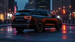"Design a 2024 Chrysler 300C SUV concept, blending the elegance of the sedan with a rugged SUV form. Feature a bold front grille, aggressive headlights, and muscular body lines. The SUV should have a slightly lowered stance, blacked-out wheels, and a matte black finish with chrome accents. Set it in a dusk cityscape with wet streets reflecting the lights, highlighting its powerful and luxurious presence, rear view