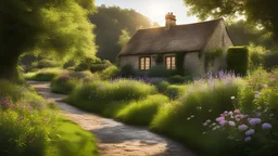 Beautiful realistic rural landscape, warm sunshine, lush plant growth, flowers, brook, peaceful, delightful, idyllic, symmetrical cottage, award-winning photograph, detail, beautiful composition, attractive colour, chiaroscuro, rule of thirds