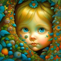Fabulously beautiful, fabulously, cute, children peeking out from under the fir branches with a smile, big eyes, long black eyelashes, lots of details, tenderness, high quality, shine, hyperdetalization, mystical, hazy haze, professionally complex details, dot graphics, colorful, 3D, 32k. Catherine Welz Stein, Queen Anne, Josephine Wall, Jacek Yerka