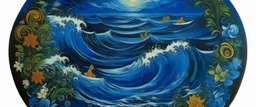 A dark blue ocean with whirlpools designed in Hawaiian tiki statues painted by Georges Seurat