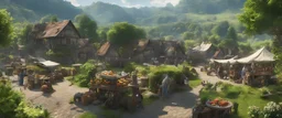 a busy outdoor market, in a beautiful surreal outdoor countryside bright summer scene, with hills, fields, & hedgerows, intricate dwellings, many pathways & stairways, streams, waterfalls & a waterwheel : very high detail, photorealistic, epic cinematic, 8K, Large depth of field