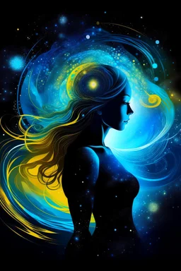 Cosmic Elements and Female Spirituality The image shows a beautiful and gorgeous girl with a current of energy surrounding her. The current is colored in different shades of blue, green, and yellow, creating a dynamic and powerful effect. The girl's silhouette is outlined by cosmic elements, such as stars and planets, which add to the fantasy-like atmosphere. The background is set against a galaxy background, adding a sense of space and adventure. The photo is taken with a high-resolution 4K cam