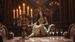 The Charr, a female figure of European descent, sits regally atop a burnished throne. The marble shines brightly, reflecting the warm light from a candelabra with seven flames. The table is adorned with delicate glassware supported by beautifully carved fruit motifs. Her jewels shimmer and reflect the light, creating a captivating interplay with the surrounding brilliance.