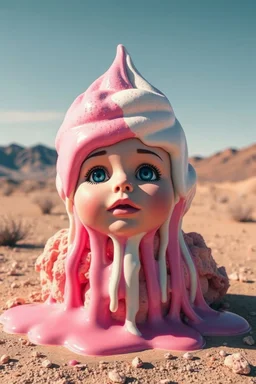 Time melting like bubble gum ice cream, a doll face dripping, surreal desert landscape