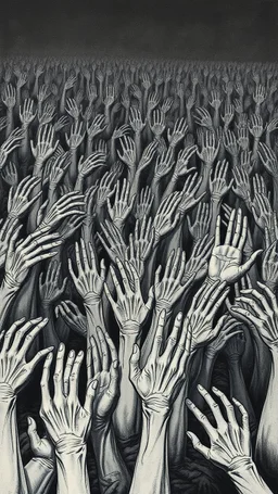 a field of thousands of hands of bodies buried in the ground not visible, horror, hands with different fingers shapes Busch painting style nightmare and thin line draw