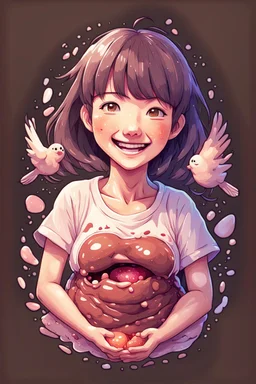 A detailed illustration Anime girl smiling crushed inside really darkbrown fleshy stomach filled with digestive juices, t-shirt design, in the style of Studio Ghibli, pastel tetradic colors, 3D vector art, cute and quirky, fantasy art, watercolor effect, bokeh, Adobe Illustrator, hand-drawn, digital painting, low-poly, soft lighting, bird's-eye view, isometric style, retro aesthetic, focused on the character, 4K resolution, photorealistic rendering, using Cinema 4D, vector logo, vector art,