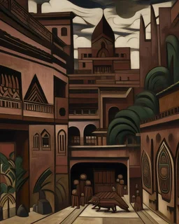 A dark brown construction zone designed in Mayan architecture painted by Diego Rivera