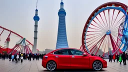 A Tesla's 'Model S Plaid' is racing at top speed, across 'Lotte World', in Seoul (South Korea). CINEMATIC. WIDE ANGLE LENS.