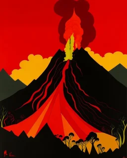 A dark orange colored volcano with chaotic fire painted by Stuart Davis