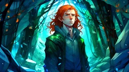 anime man with really long dark ginger red hair and sharp blue eyes and forest green sweater standing in a cave with glowing crystals surrounding him and ice crystals hanging from the roof of the cave the cave is narrow and deep very colorful