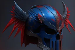 armadura de murcielago azu oscuro y roja con un craneo como casco