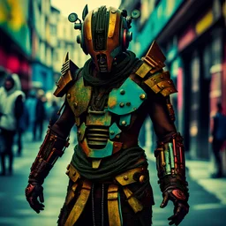 a half human half android warrior whose attire is of ancient times but the street that he is walking has cyber punk colours, architecture & street art, sharp focus, background circular motion blur