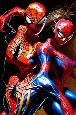 spiderman and spiderwoman across the spider-vers. Maximum detail, power colors