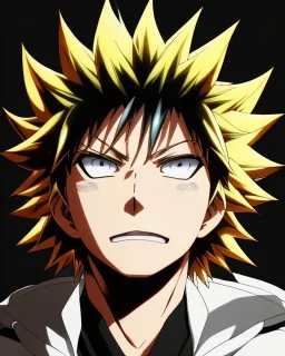 Detailed anime portrait of bakugo from my hero academia, gold hair and golden eyes, black suit, intricate details, full body portrait, keep head in frame, slight smile, black Japanese motif, concept art, highly detailed, digital painting, concept art, sharp focus, illustration, art by Yoji Shinkawa, WLOP and greg rutkowski and alphonse mucha and artgerm and yanjun Chen and Junji ito and Makoto Shinkai, HDR, octane render