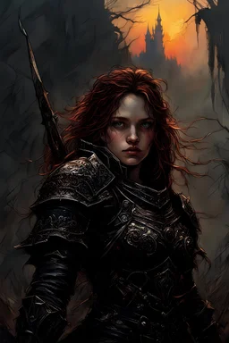 A formidable warrior girl in black armor, on the background Amazing gloomy landscape, flooded with sunset, mountains, trees, fabulous scary hero, , juicy emotions, painting, dark fantasy, gloomy day, dark world, portrait, Gothic Town At Night, Fantasy, Intricate Details, Castle Courtyard Gardens, Hyper Detailed, Jean Baptiste Monge, Carne Griffiths, Michael Garmash, Seb Mckinnon, Masterpiece