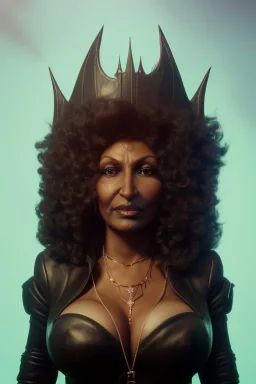 Pam Grier as evil queen in black leather, leather, busty, cleavage, angry, stern look. character design by cory loftis, fenghua zhong, ryohei hase, ismail inceoglu and ruan jia. unreal engine 5, artistic lighting, highly detailed, photorealistic, fantasy