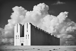 landscape ,minimal ,Photo with an old analog camera. Black and white. Part of a strange dream. white clouds wide plain The big building between them. like pink floyd pigs landscape ,Abandoned factory ,from a weird dream captured with the first model of dreamrecorder by gnom industries inc