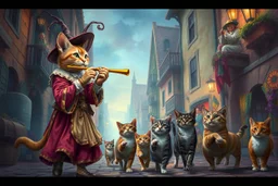 create "The Cat Pied Piper of Hamelin, whimsical and colorful Renaissance attire, playing a golden flute, leading playful and mischievous cats through vibrant, cobbled Renaissance streets, people on balconies laughing and pointing, surreal lighting, dreamlike vibe, highly detailed, vivid colors, painterly style, 8K, magical realism meets historical fiction --v 7 --ar 4:3 --style raw --q 2"