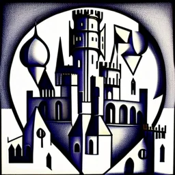 An abstract geometric painting depicting a landscape of an ancient medieval city with castles, towers, churches, vaults, culverts and bells in a very stylized and cubist way. The composition consists of various shapes, forms and geometric elements arranged to create the impression of buildings, structures and architectural elements in an urban landscape. The shapes and forms used in the painting are a combination of straight lines, angles, curves and circles, creating a sense of rhythm and mo