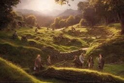 hobbits in the shire scenery landscape, lord of the rings, highly detailed, perfect lighting, perfect composition, 4 k, artgerm, derek zabrocki, greg rutkowski