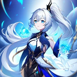 Clear focus, 8k, beautiful lighting, vibrant colors, girl, white long hair, vibrant blue eyes, messy hair, ponytail, honkai impact, herrscher of flamescion outfit,