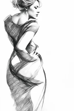 black and white expressive and abstract drawing of a full woman figure, contrast and detailed pencil trace texture, on drawing paper ar2:3 without shading