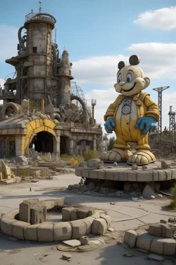 far in the future, a gigantic stature of a popular famous cartoon character sits among ruins of buildings. time has weathered the landscape for thousands of years. a small makeshift camp with people can be seen contrasting the massive statue.