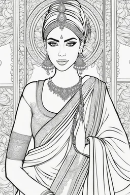 coloring page for adults of fashion model wearing hindi dress, thick and clear lines hair, full body portrait, style clean coloring page for adults, cartoon style, clean line art high detailed, white background, coloring book style, 8k, no-shading, thick lines hair, no-grayscale, lines hair