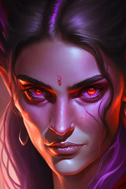 purple skin, glowing fiery eyes, smirk, soft female face, beautiful, graceful