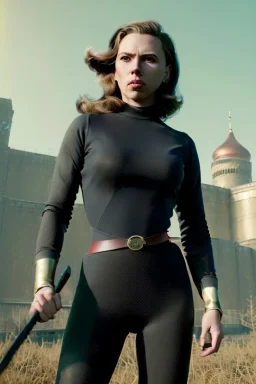 retro portrait image from 1960, Moscow background, wind, red long hair, fighting stance, sweet young Scarlett Johansson, classic black tight lycra suit, metal stick weapon, gold bracelet and belt, high heel boots, soft color, highly detailed, unreal engine 5, ray tracing, RTX, lumen lighting, ultra detail, volumetric lighting, 3d, finely drawn, high definition, high resolution.