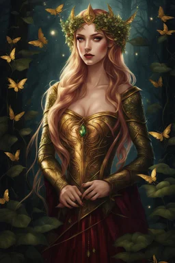 Burgundy hair, dark hair,dark red , rapunzel hair,very long hair,dark fairy princess,elven crown,night,dragonflies,beautiful,ong ashes,golden armor ,sparkle,night blooming,ivy,dark green,lilly of valley,golden elven crown,elven warrior,dark gold armor