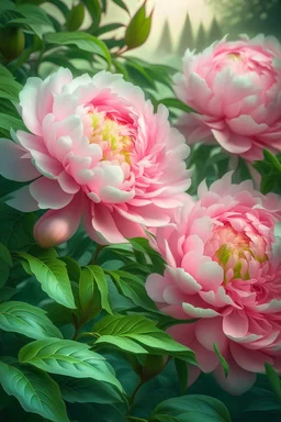 Watercolor pink peony bush, many leaves, ultra-detailed plant, summer, sun, evening, rain, beautiful landscape, fog, many details, subtle sensuality, realism, high quality, 3d, work of art, hyperdetalization, professionally, filigree, misty haze, hyperrealism, professionally, transparency, delicate pastel tones, backlight. The contrast is fantastic, unreal, translucent, luminous, clear lines