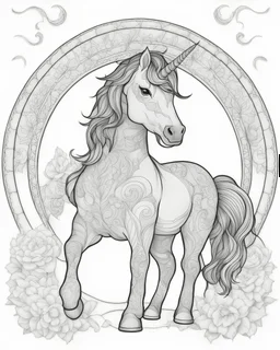 unicorn full body correct fulfill mandela pattern CLEAN white background, full complete body black outlines art for coloring page, sketch style, only use outline, clean art line, no shadows and clear and well outlines black and white detail rainbow