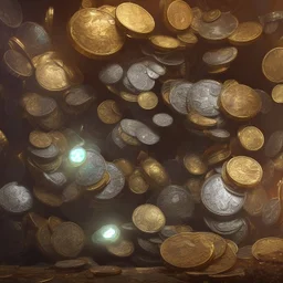 dynamic lighting, Intricately detailed, Splash screen art, deep color, Unreal Engine, volumetric lighting, silver coins, chest full of silver coins, vault of treasure, bank vault,