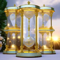 photorealistic crystal hourglass, a hyerrealistic transparent body, pastel colours flowers and leaves transparent, professional light, rococo, Artstation, intricate detail realism hdr, intricate detailed 8 k, with ornate jewelled, intricate detailed 4 k