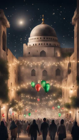 Hyper Realistic lots of people & children celebrating in the streets of Palestine with Al-Aqsa mosque from far at night with garland lights & decorations