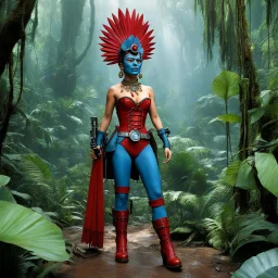 [humid jungle forest] Frida Kahlo by Ray Harryhausen as thin nudist blue female alien warrior with goggles red boots and corset with ray guns