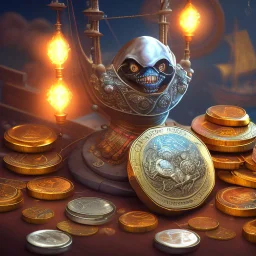 dynamic lighting, Intricately detailed, Splash screen art, deep color, Unreal Engine, volumetric lighting, silver coins, pile of coins, pirate treasure, stacked coins,