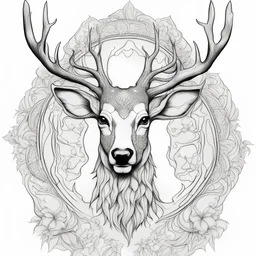 outline art, coloring pages, white Background, sketch style, only use outline, mandala stile, clean line art, white background, no shadow and clear and well, MANDALA MYSTERIOUS MALE DEER HEAD