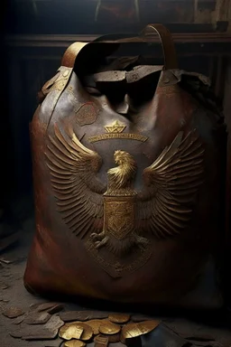 in the BASEMENT there is an old, broken brown oblong leather chest with short handles, from which gold coins from the time of Catherine the Great fall out. The ancient coat of arms of tsarist Russia, the double-headed eagle, is BARELY VISIBLE on the bag. There are a lot of broken bricks and earth around the bag. All in high quality 8K